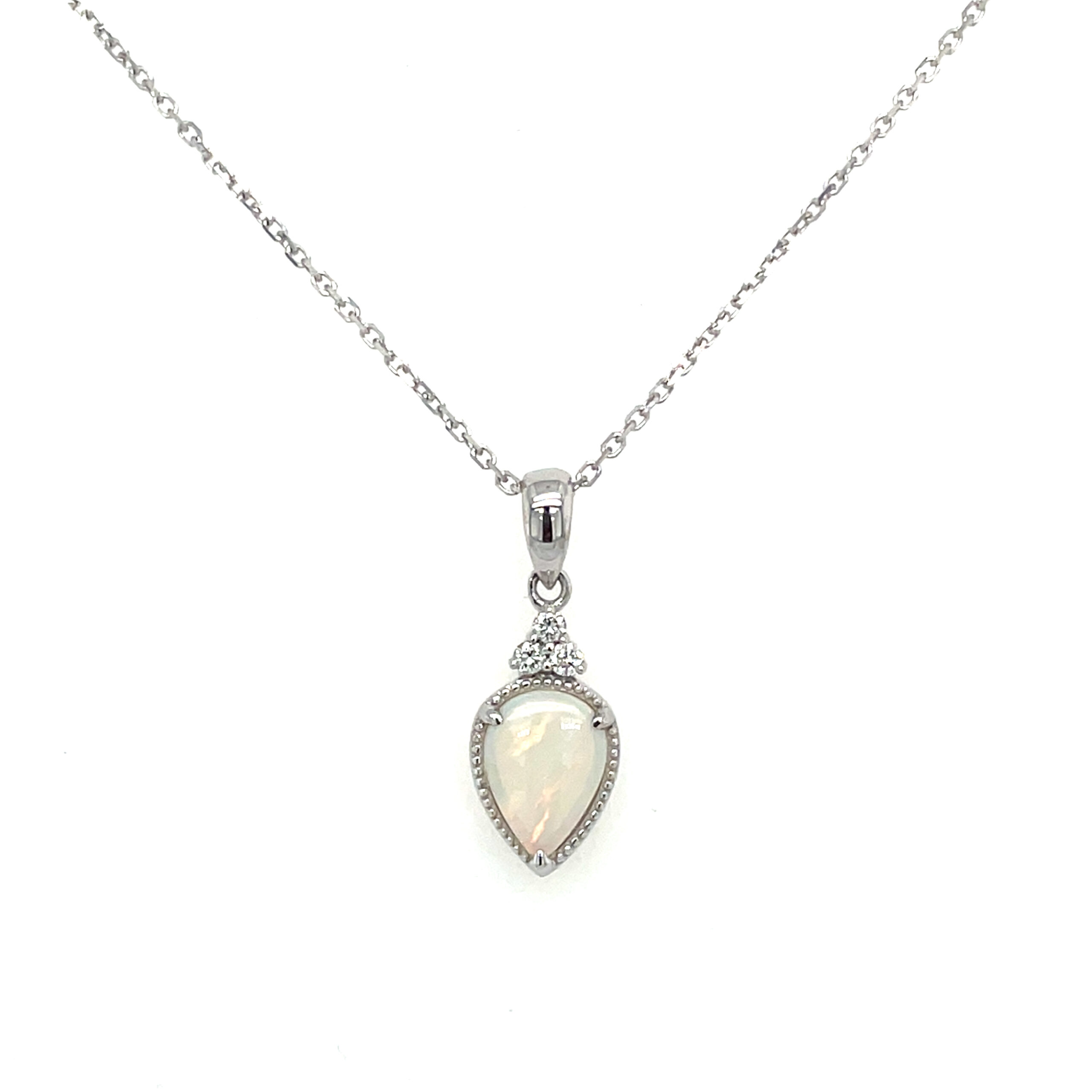 White Gold Opal Milgrain Necklace with Diamonds