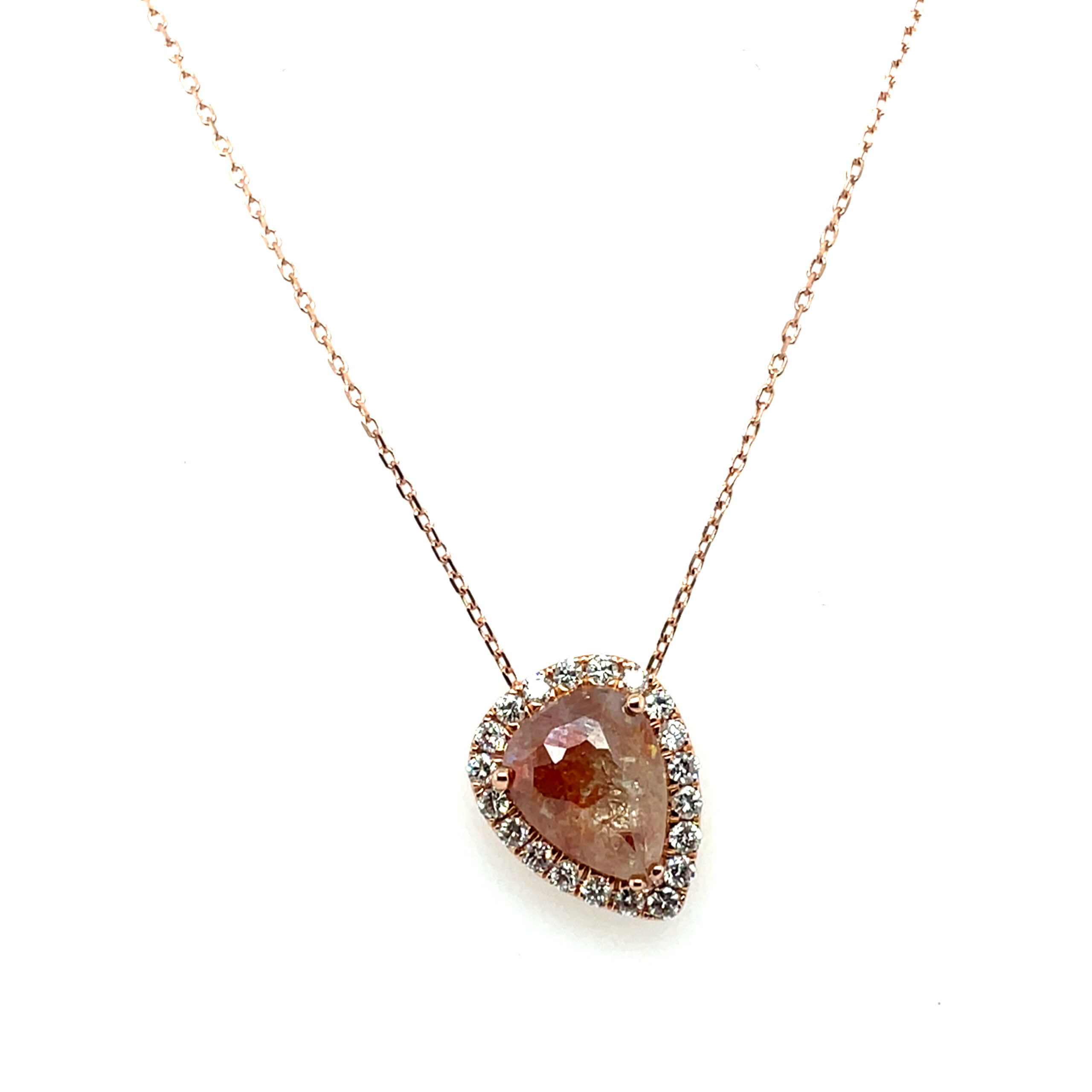 Rose Gold Rough-Cut Pear-Shaped Diamond Halo Necklace