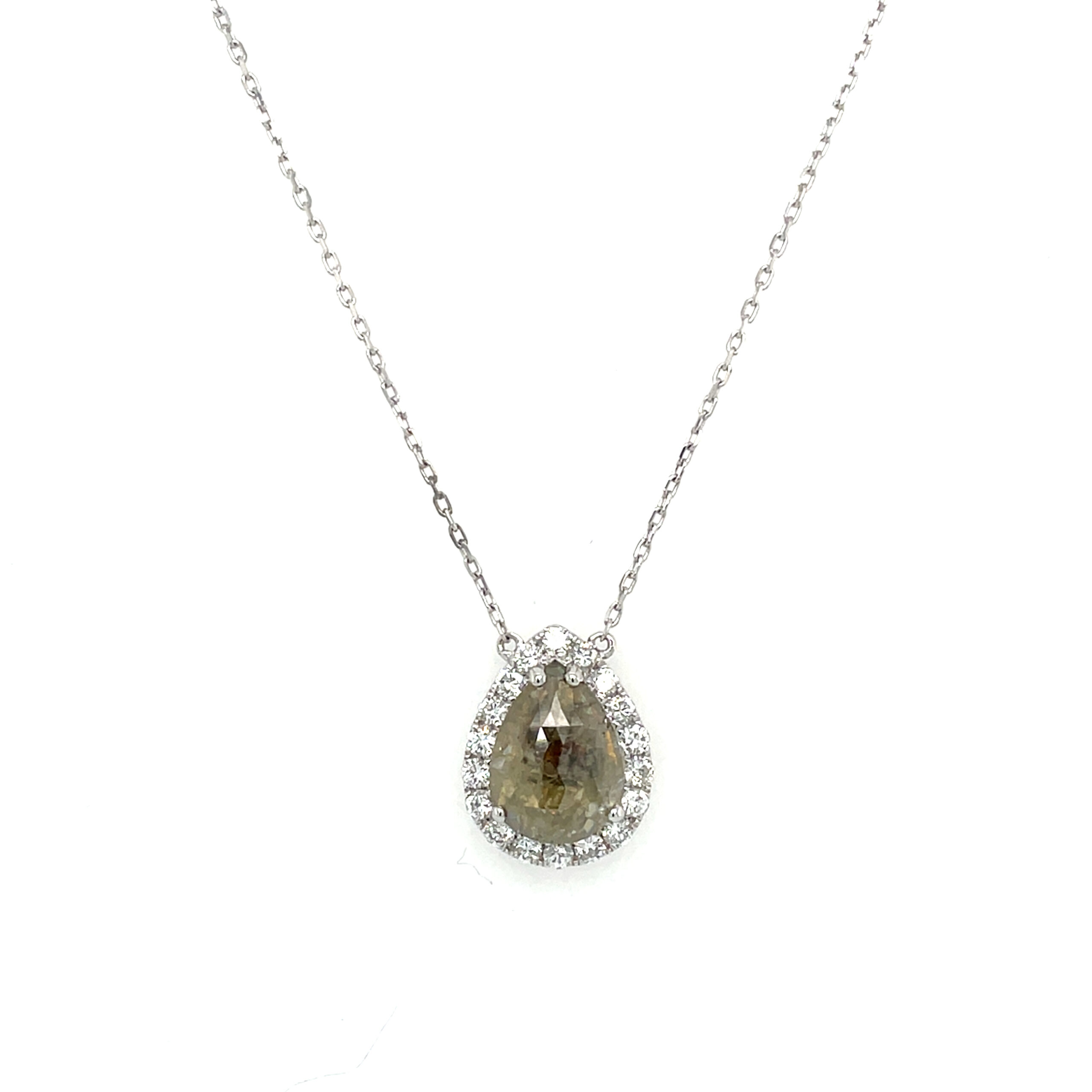 White Gold Rough-Cut Pear-Shaped Diamond Halo Necklace