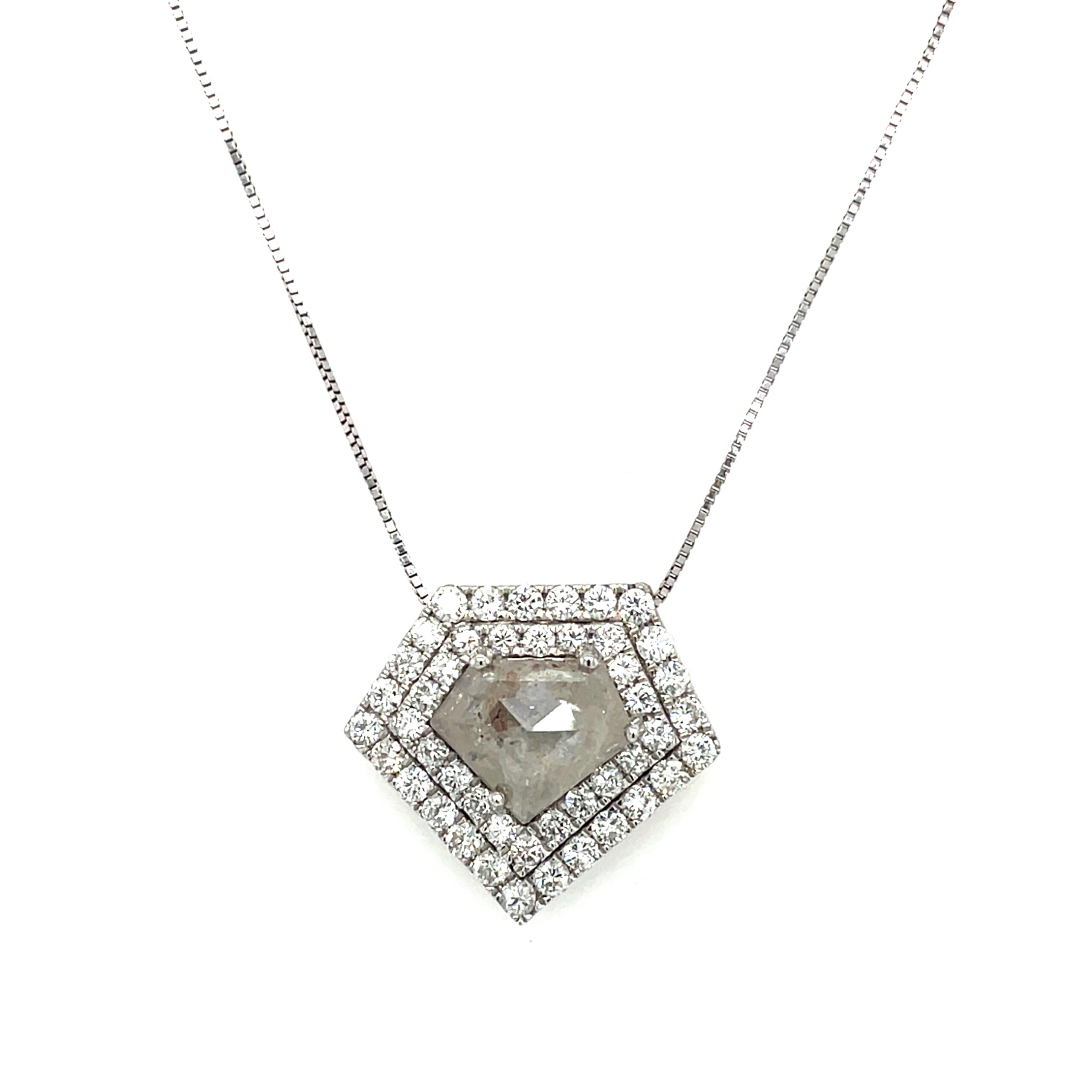 White Gold Rough-Cut Pentagon-Shaped Double Halo Diamond Necklace