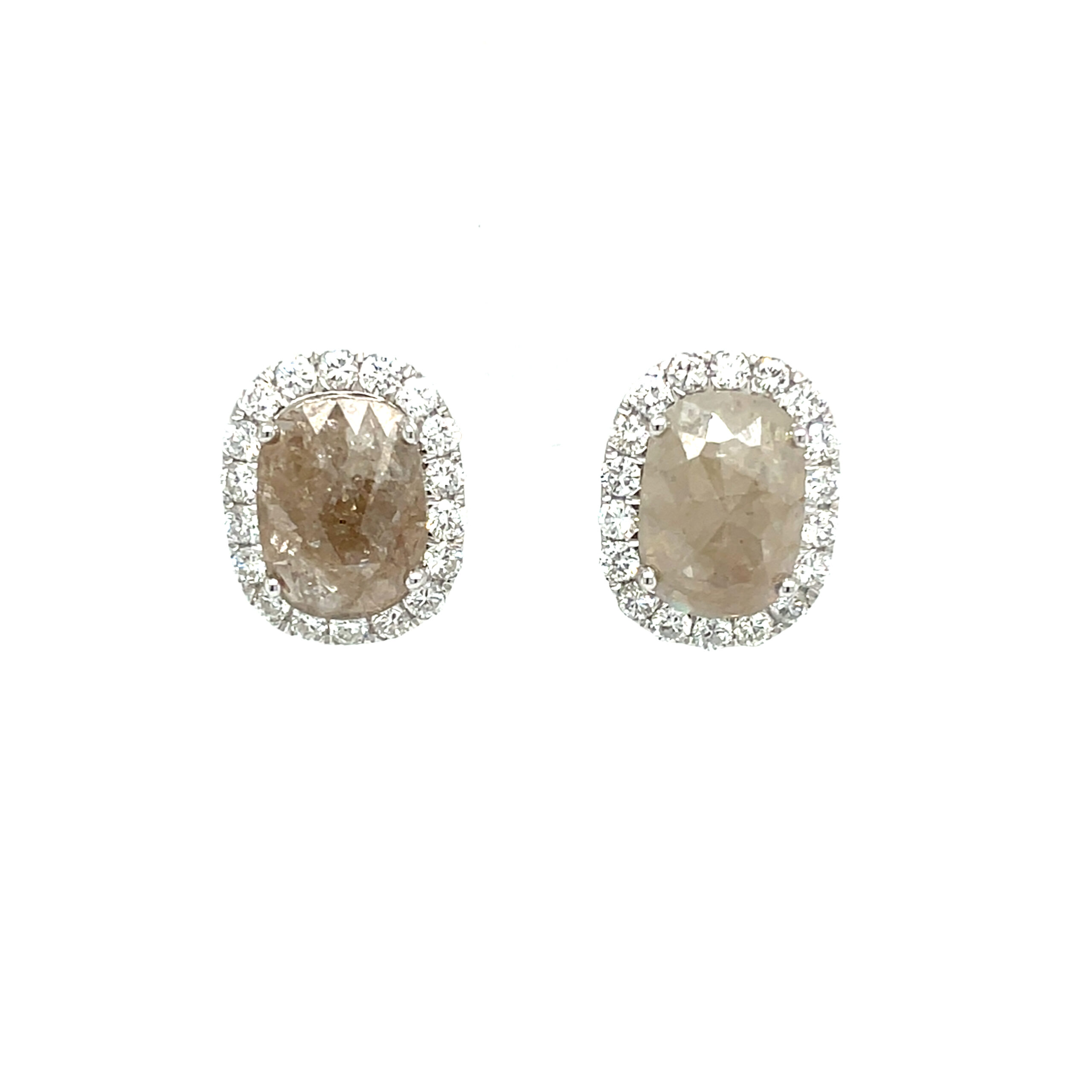 White Gold Rough-Cut Cushion Diamond Halo Earrings