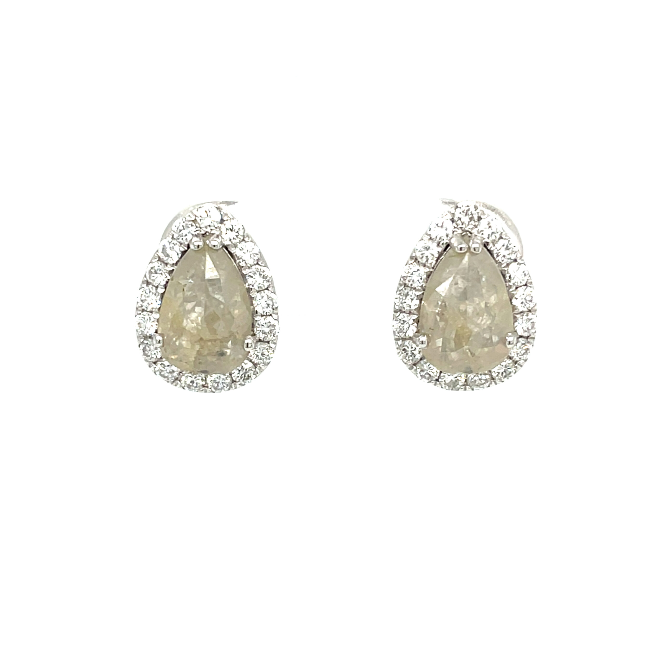 White Gold Rough-Cut Pear Diamond Halo Earrings